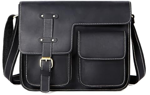 Vintage Leder Messenger Aktentasche Schultertasche für Damen und Herren Laptop Satchel für Arbeit Reisen, Schwarz