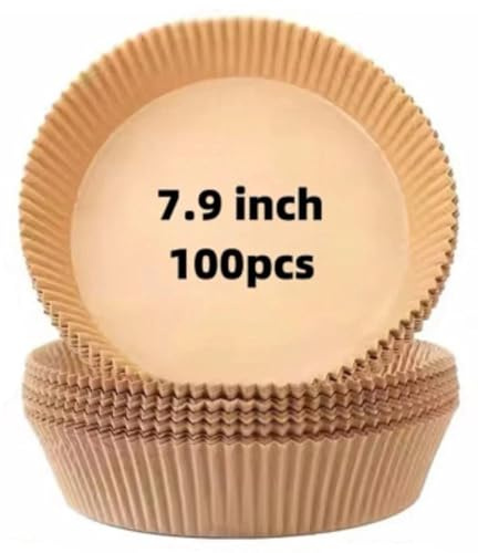 100pcs 7.9-Inch Disposable Round Air Fryer Liner Paper | Non-Stick, Waterproof & Oil-Absorbing Baking Paper | Food-Grade Parchment Liners for Air Fryer, Cake Baking & Kitchen Use