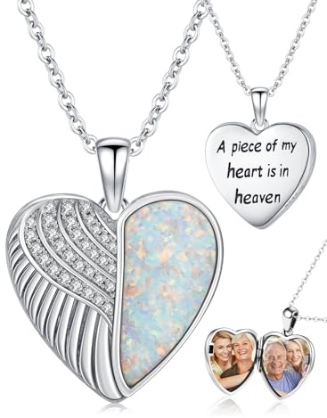 CHENGHONG Medaillon zum öffnen für Bilder 925 Silber Weiß Opal Herz Kette mit Bild Amulett Personalisierte Geschenke Foto Medaillons Kette für Damen Engel Anhänger Frauen…