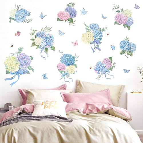 FUFUQUARE Watercolor Blue Flowers Wall Stickers Floral Vine Wall Art Decal | Blooming Hydrangea Removable for Bedroom Nursery Living Room Furniture