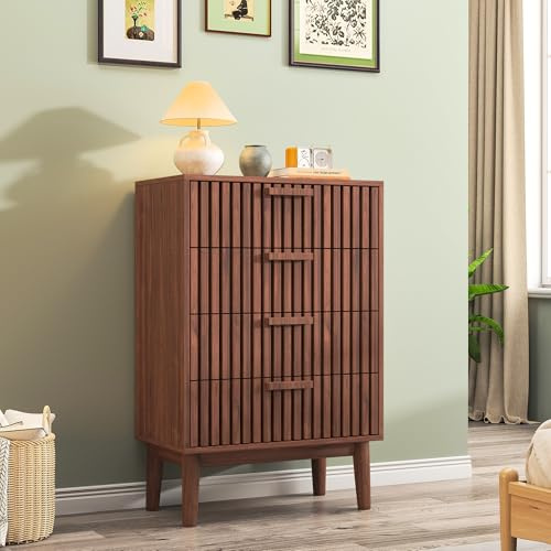 BRILVERDE Cómoda con 4 cajones, mesita de noche con cajón y estante abierto, mesa auxiliar de madera, armario para dormitorio, pasillo, sala de estar, 60x34x91 cm (color nogal-2)