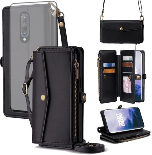 Asuwish Funda para OnePlus 7 Pro, funda con cinta protectora de pantalla, tarjetero, soporte para monedero, soporte 7Pro GM1913, funda protectora con cremallera, funda para teléfono móvil, funda para