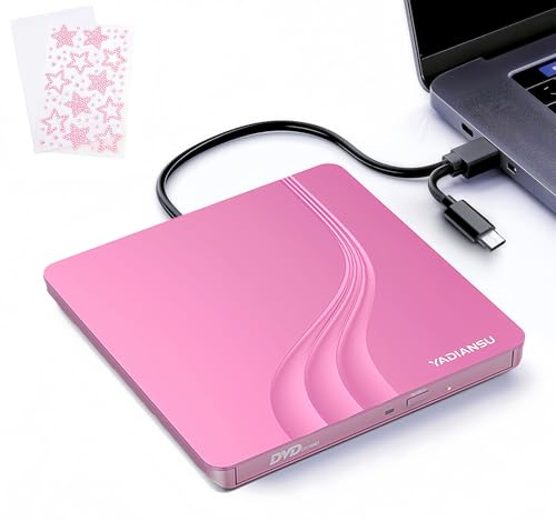 External CD DVD Drive, 0.5″ Ultra Slim USB 3.0 Type-C DVD Player, CD DVD+/-RW Optical Drive, Portable DVD CD Burner Reader Writer Recorder for Laptop, Desktop, Mac, Windows 11/10/8/7, Linux, Pink