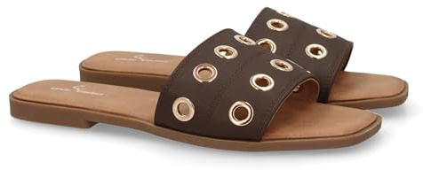 shoes&blues.es 101586 Sandalia Tipo Pala de Mujer con Diseno Moderno, Banda Ancha en el Empeine con Ojales, Agujeros metalicos. Suela Plana Ligera y Acolchada, Ideal para Uso Diario. Marron Talla 36