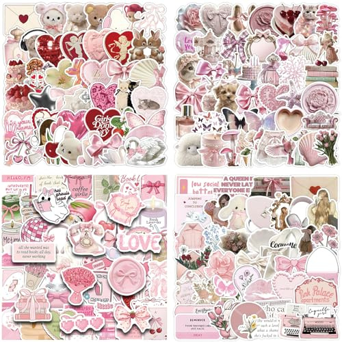 200Pcs Pink Scrapbook Sticker for Adults, Coquette Pink Aesthetic Stickers, Vintage Stickers Pack, Waterproof Aesthetic Preppy Stickers, Teens, Cute Sticker for Laptop, Water Bottle, Journal