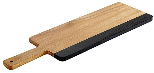 APS Serveringsbräda Akacia skiffer, rustik serveringsbräda av akaciaträ, träbräda med naturskifferränder för märkning, 42 x 18 x 1,5 cm, brun/svart