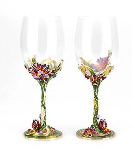 Bestbling Copa de vino pintada a mano con diseño de libélula esmaltada artesanal, juego de 2