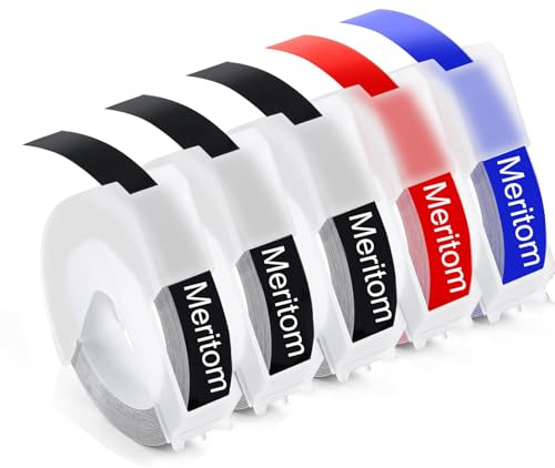 Embossing Tape Compatible with Dymo Omega Label Tape Black 9mm 3D Vinyl Self-Adhesive Black/Red/Blue Embossing Labels Compatible with Dymo Omega Junior Embossing Label Makers, 5-Roll