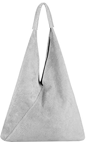 OBC Made in Italy Damen XXL Leder Tasche Handtasche Wildleder Shopper Schultertasche Hobo-Bag Umhängetasche Ledertasche Beuteltasche Velourleder DIN-A4 Hellgrau