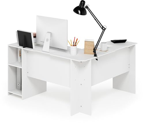 Furinno Indo L-förmiger Schreibtisch mit Bücherregalen, Holz, Weiß, 125.9 x 135.9 x 72 cm