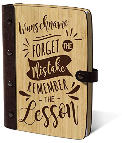 Notizbuch Holzcover individuelle Gravur mit Echtleder Rücken 72 Blatt | 144 Seiten A5 hoch 158x222mm Bambus - Handlettering