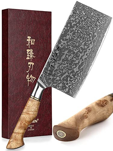 HEZHEN Küche Gemüse Fleischbeil Chinesischer Koch Kochmesser 17.3cm-Metzgermesser 67-Lagig Damaskus Stahl Geschmiedet Scharfe Fleischwolf Messer-rutschfeste Holzgriff + Geschenkbox