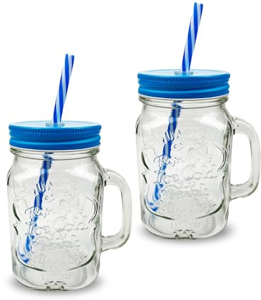 G4GADGET 2 tarros de cristal Mason de 500 ml para fiestas, vasos con tapas y popotes (2 unidades), color azul