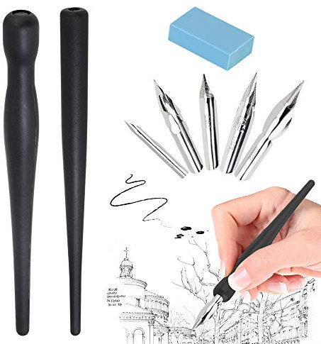 DURANTEY Kalligraphie Stift Set Abnehmbaren Kalligraphie Pen/Federhalter Karikatur Zeichenfeder mit 2 Stifthaltern 5 Schreibfedern 1 Radiergummi Federhalter Set für Karikaturisten Künstler Designer