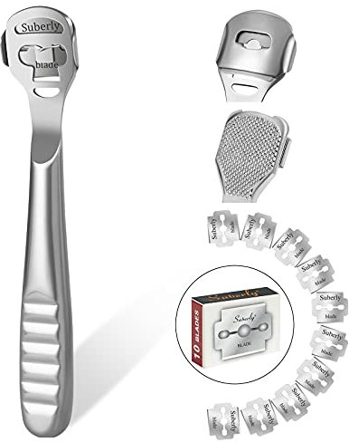 URAQT Râpe à Pied Pédicure, Rapeuse Pieds Anti-Callosités, Coupe Cors, Rasoir pour Talons, Professionnel Pédicure kit Outils avec 10 Lames Outil, Outil de Soin des Pieds