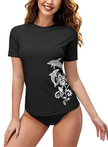 BesserBay - Maillot de bain rashguard pour femme à manches courtes - UPF 50+ - Col rond - Séchage rapide - S-XXL, 5 noir., M