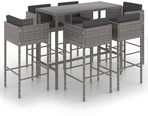 vidaXL Gartenbar Set 7-TLG. mit Kissen Theke Bar Tresen Gartentheke Bartisch Stehtisch Barhocker Barstuhl Gartenmöbel Poly Rattan Grau
