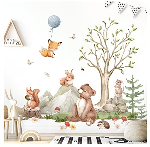 Grandora XXL Wandsticker Set Wandtattoo Kinderzimmer Waldtiere Wandaufkleber Bär Fuchs Baum Babyzimmer Deko Schlafzimmer DL797-2