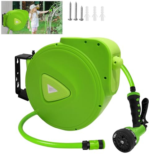 YRHome 20m Grün Schlauchtrommel Gartenschlauch Schlauchaufroller 180° Schwenkbar Wand-Schlauchbox, mit Handbrause - 9 Sprühfunktionen automatisches Aufrollen für Garten Autowäsche Camping