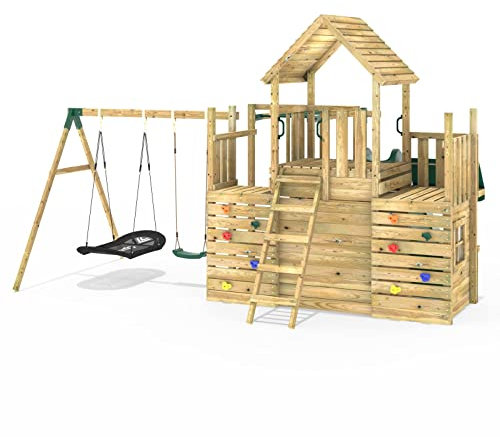 Rebo® Modular Wooden Climbing Frame Playset - M25 Swings, Monkey Bars and Den | OutdoorToys | Kids' Outdoor Wooden Garden Play Equipment, Children's Jungle Gym