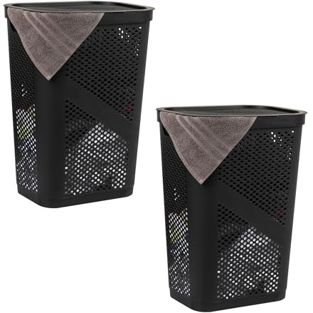Mind Reader Slim Laundry Hamper with Lid, 60L Ventilated Clothes Baskets, Tapered Design for Bathrooms, Closets, Plastic, Set of 2, Black