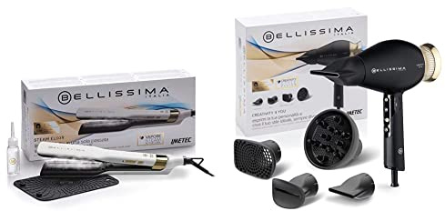 Imetec Bellissima Steam Elixir, Plancha de pelo con vapor, Alisa en una sola pasada sin dañarlo & Imetec Creativity 4 You, Secador de pelo, 4 accesorios, difusor,1800 W, Oro, Negro