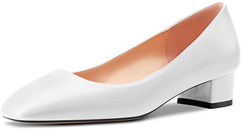 HEUIVZAR Mujer Heel Pumps Cuadrada Punta Gatito Bajos Ancho Chunky Heel Slip-on Matte Dress Zapatos Novia Vacaciones Blanco 3.5 CM 39 EU