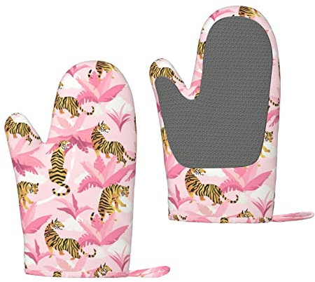 Gants de four en silicone Tigres Feuilles tropicales Résistant à la chaleur Doublure en coton doux Gants de cuisine Lot de 2 Supports de casserole réutilisables antidérapants pour barbecue Cuisson Cui