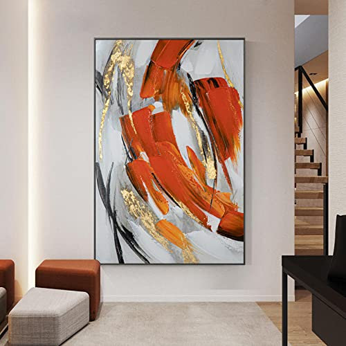 Handgemalte Acrylbilder, Moderne Abstrakte Kunst, Orange Texturlinie, Goldfolienverzierung, Minimalistisches Kunstwerk, Rahmenlose Handölgemälde Auf Leinwand, Wandkunst Für Wohnzimmer, Schlafzim