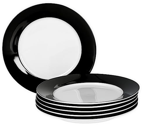 van Well Vario Lot de 6 assiettes à petit-déjeuner pour 6 personnes – Assiettes à gâteau de 20 cm de diamètre – Service en porcelaine blanche avec bord noir – Assiettes à dessert passent au