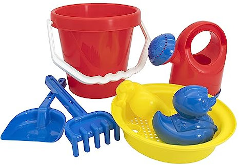 Idena 40239 - Sandspielzeug Set 7 teilig mit Eimer, Gießkanne, Sieb, 2 Förmchen, Harke und Kleiner Schaufel, Verschiedene Farbvarianten