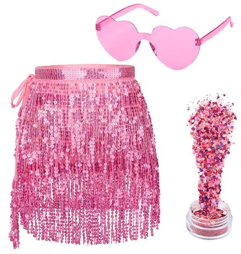 Farochy Paillettenrock – Bauchtanz-Hüftschal, Pailletten-Quastenrock, Fransenrock mit Herz, Sonnenbrille und Glitzer, Einheitsgröße, Pink, 40