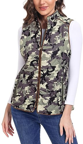 Dilgul Women's Quilted Vest Stand Collar Trendy Lightweight Zip Padded Vest with Pockets Camo L
