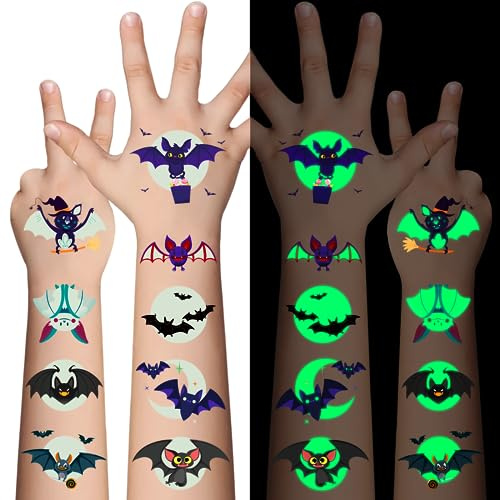 Awinmay Halloween Tattoo Kinder - 10 Blätter Leucht Fledermaus Temporäre Tattoos Aufkleber für Jungen Mädchen,Halloween Cosplay Gesicht Make-up Zubehör Mitgebsel Party Lieferungen Goody Bag Stuffers