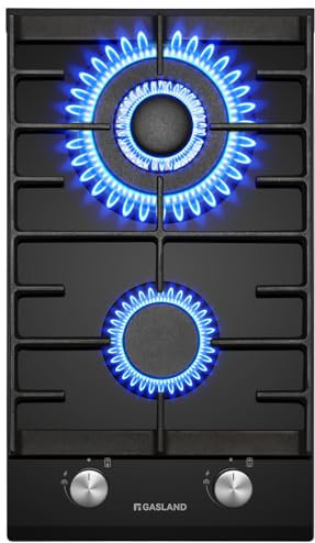 GASLAND GH2302BG1FC Placa de Cocina de Gas Butano, Encimera de Cristal Con 2 Fogones y Quemador Wok, Empotrable, Negra de 30 cm, 5,2 KW