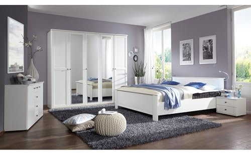 Lomadox Schlafzimmer Set 6-teilig mit Bett 160x200, 2 Nachttische, Kleiderschrank, Kommode, Spiegel in weiß