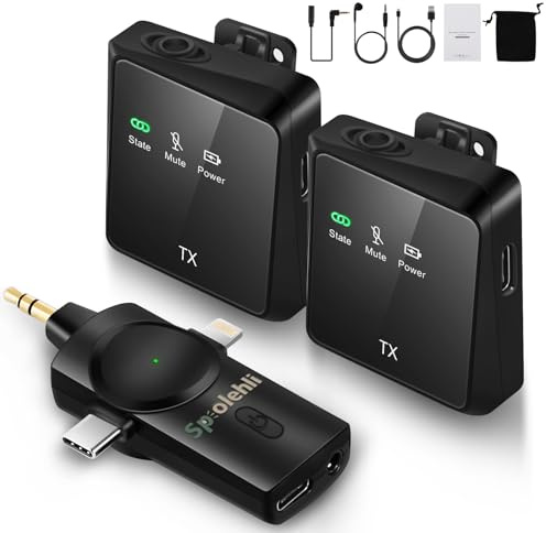 Spolehli Kabelloses Lavalier-Mikrofon mit 3-in-1-Schnittstelle, Kompatibel mit iPhone/iPad/Kamera/Laptop, Kabelloses Ansteckmikrofon mit 120 m ultralanger Empfangsreichweite für Aufnahme