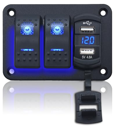 Geloo 2 Gang Schalter Panel 12V Wasserdicht mit 4,8A Dual-USB, Kippschalter | Wippschalter Panel mit LED Voltmeter und Aufkleber, Schalttafel für Auto Boot LKW Wohnmobil