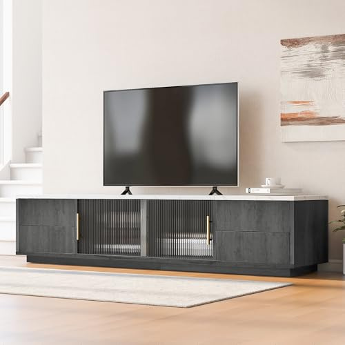 Merax Meuble TV moderne de 160 cm - 2 casiers avec portes en verre et 4 tiroirs comme espace de rangement - Pour salon, salle à manger - Motif marbre - Gris