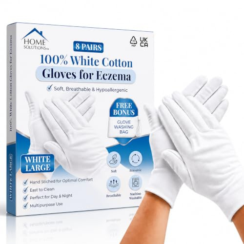 Home Solutions White Cotton Gloves for Eczema & Dry Hands, 8 Pairs (Large) | Hand Moisturising Gloves for Overnight Hand Cream, Washable & Reusable for Men & Women, Includes Protective Wash Bag