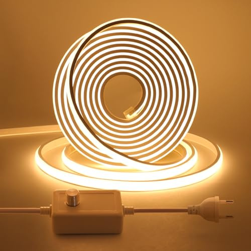 HEGEHE Luce al neon LED COB dimmerabile, striscia LED in silicone bianco caldo 3000K da 15 m con interruttore dimmer, flessibile impermeabile IP65, illuminazione per interni ed esterni