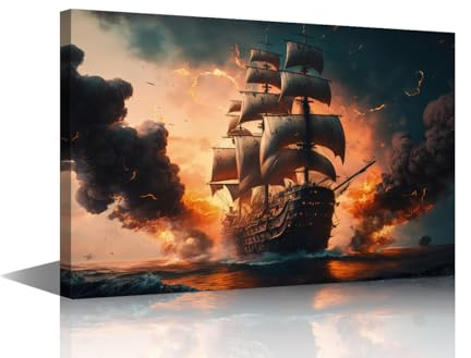 Segelboot-Bilder für Wohnzimmer, Kriegsschiff, Wandkunstdrucke auf Leinwand, Feuermalerei, modernes Kunstwerk, Kriegswanddekoration für Schlafzimmer, Büro, Badezimmer, Dekor, fertig zum Aufhängen, 61