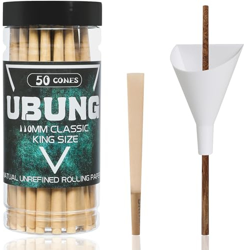 UBUNG 50 Pcs Brown Cones Flagship Edition, King Size Brown Pre Rolled Cones With Tips, Slow Type Rolling Paper, Length 4.25 in / 108 mm, Including 1 Cone Loader And 1 Push Rod