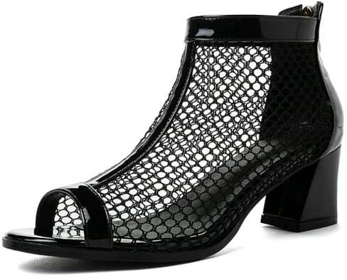DINTAHA Mesh Open Toe Chunky Heel Booties Peep Toe Ankle Boots Low Heel Summer Boots,Black,Size 6.5
