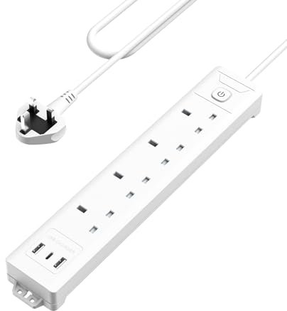 Mscien 2m Extension Lead with USB Slots, 4 Way 3 USB Extension Socket with 2 Metre Extension Cords, UK Extension Cable Wall Mount, 4 Gang Power Strip with Switch Multiplug Socket