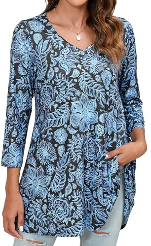 Enmain Dam Tunika Långärmad Skjorta 3/4 V-ringad Lång Blus Dam Elegant Tunika Stor Storlek Komfort-Toppar för Kvinnor, Blå och svart blommig, XL
