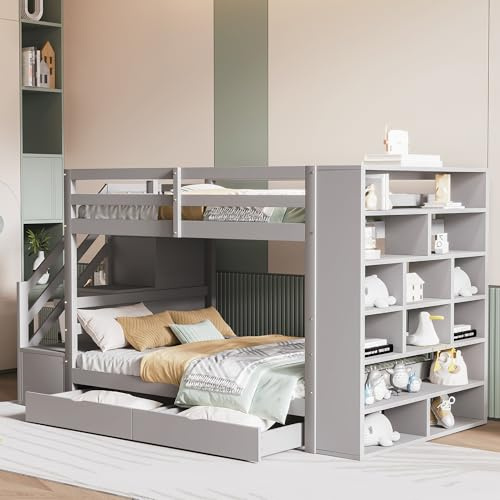 Kinderbett Etagenbett 90x200, Hochbett Hausbett mit 2 Schubladen&großen Schließfächern, Sicherheitstreppe mit Staufächern, Doppelbett Holzbett Jugendbett Bettgestell mit Rausfallschutz&Lattenrost,Grau
