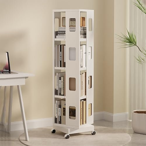 Bücherregal, 4 Etagen, drehbar, mit Rollen, 360°-Display, stapelbar und drehbar, platzsparend, hoher, bodenstehend, drehbar, Eck-Organizer für Schlafzimmer und Wohnzimmer, Weiß