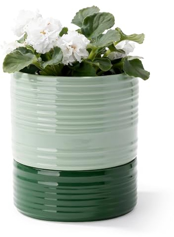 Fayoula Self Watering Ceramic Plant Pot, 6 Inch African Violet Planter with Drainage Hole & Water Storage, Striped Cylinder Indoor/Outdoor Medium Green Pot
