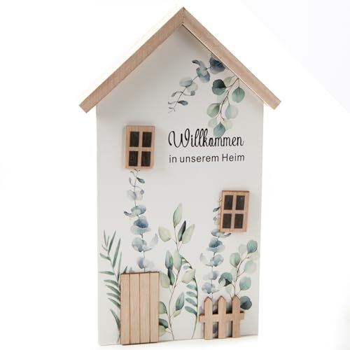 Logbuch-Verlag Dekohaus Haus aus Holz Willkommen in unserem Haus kleines Holzhaus Deko Eingang Flur grün weiß Frühlingsdeko 23 x 14 cm